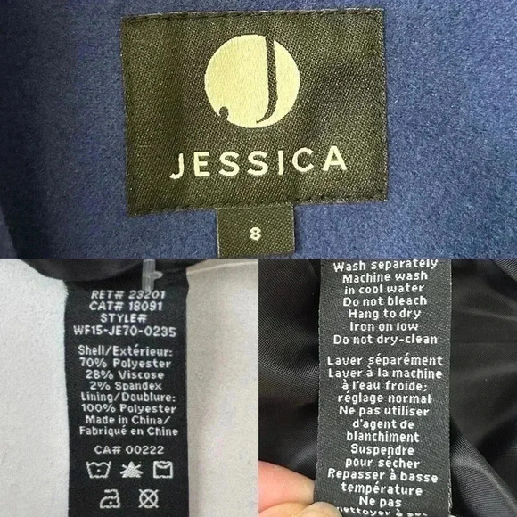 Vintage Jessica Pea  Coat Single Breasted Tailored Deep Blue Size 8 - Picture 10 of 13